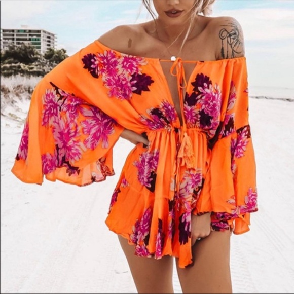 Pants - Off Shoulder Floral Romper
